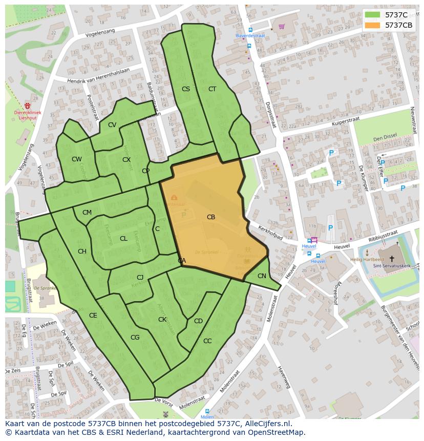Afbeelding van het postcodegebied 5737 CB op de kaart.