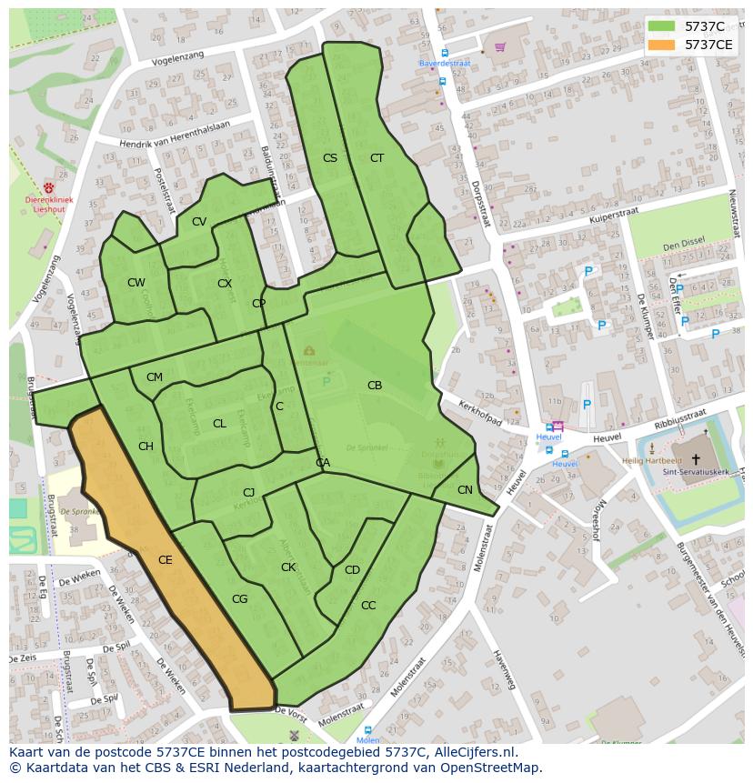 Afbeelding van het postcodegebied 5737 CE op de kaart.