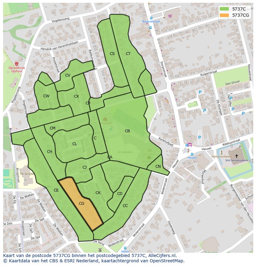 Afbeelding van het postcodegebied 5737 CG op de kaart.
