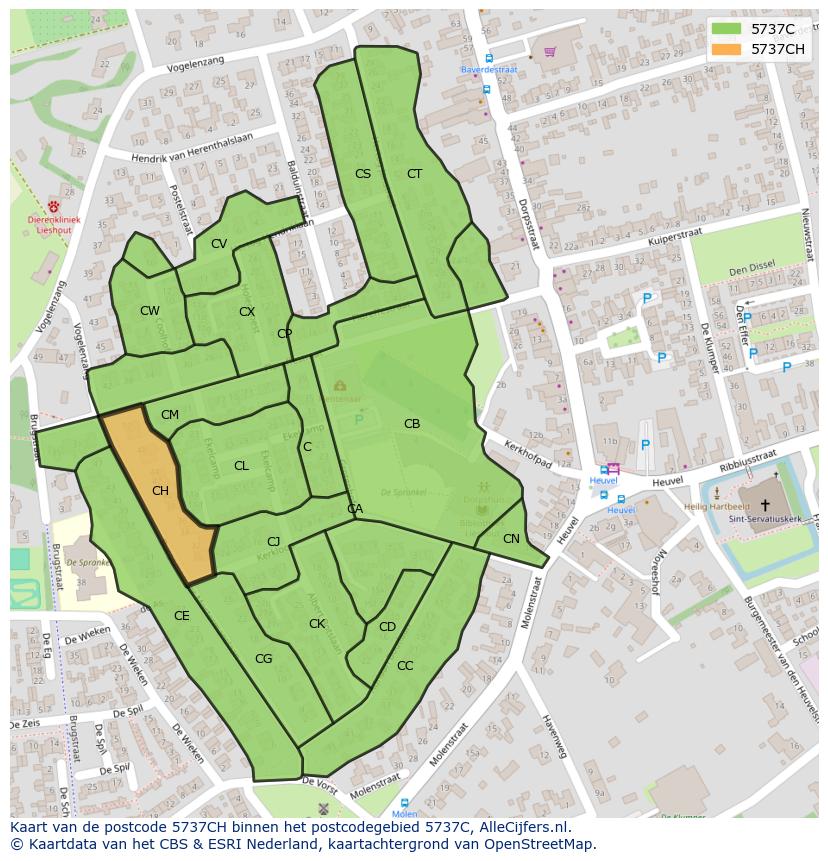 Afbeelding van het postcodegebied 5737 CH op de kaart.
