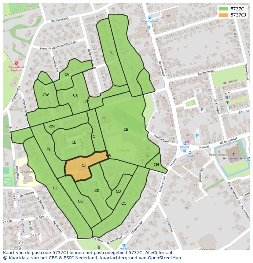 Afbeelding van het postcodegebied 5737 CJ op de kaart.
