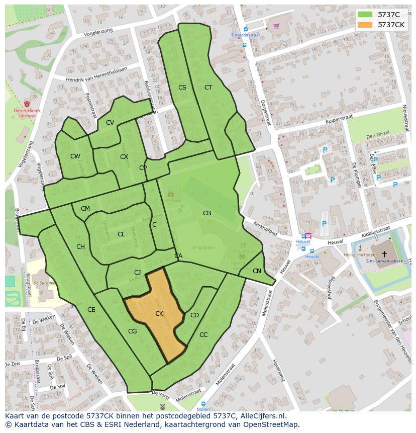 Afbeelding van het postcodegebied 5737 CK op de kaart.