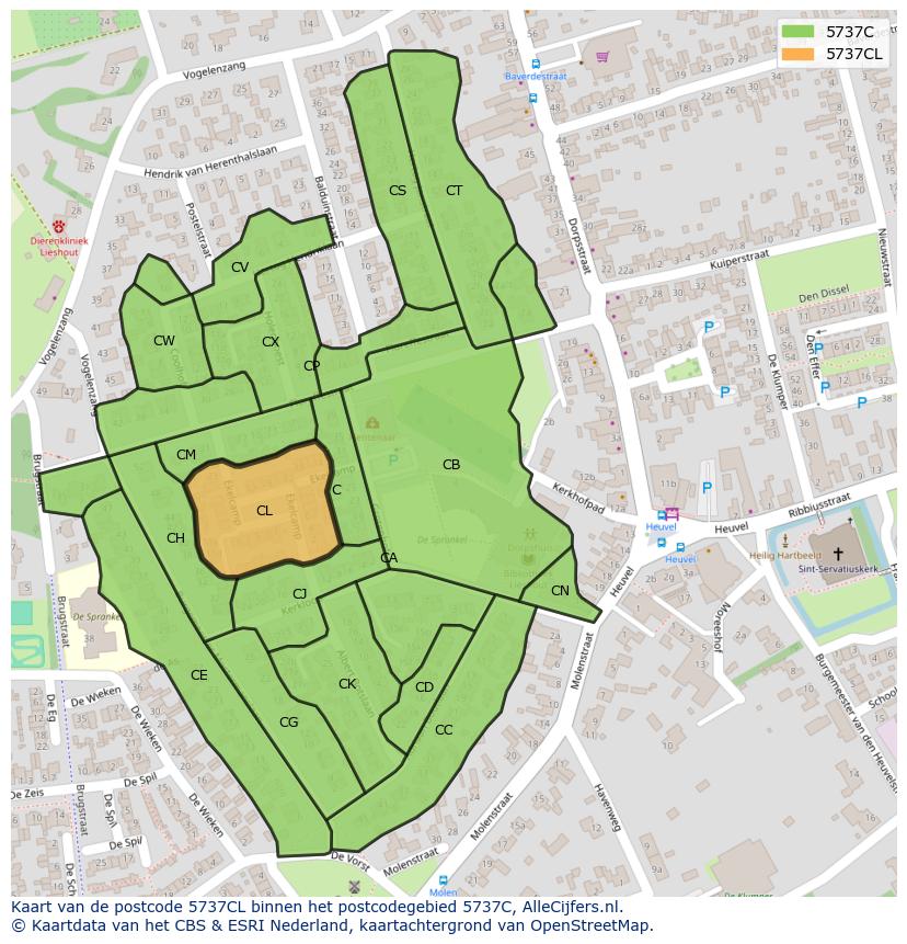 Afbeelding van het postcodegebied 5737 CL op de kaart.