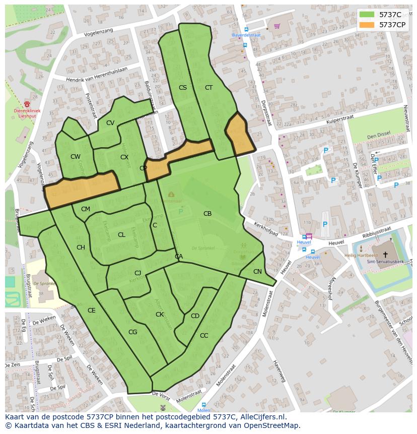 Afbeelding van het postcodegebied 5737 CP op de kaart.
