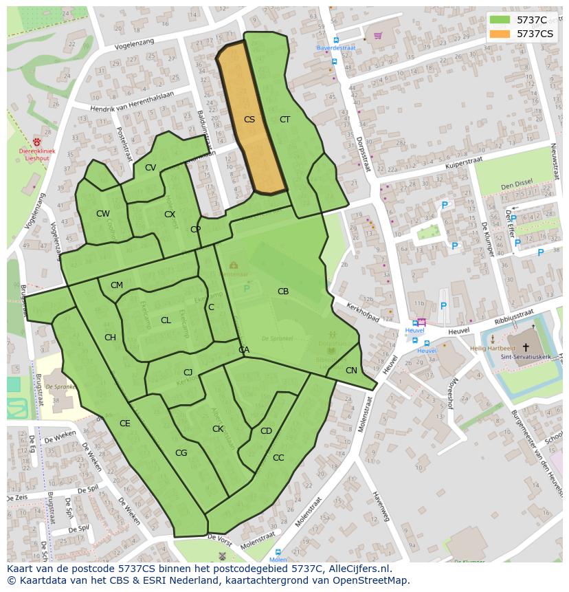 Afbeelding van het postcodegebied 5737 CS op de kaart.