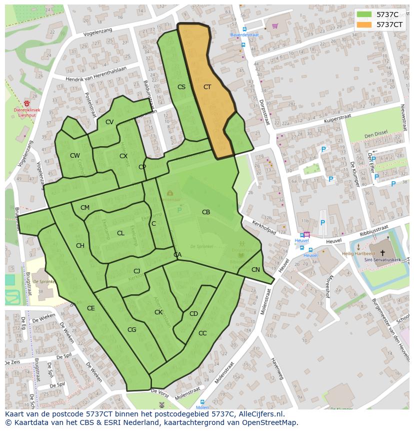 Afbeelding van het postcodegebied 5737 CT op de kaart.