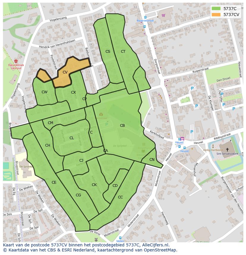 Afbeelding van het postcodegebied 5737 CV op de kaart.