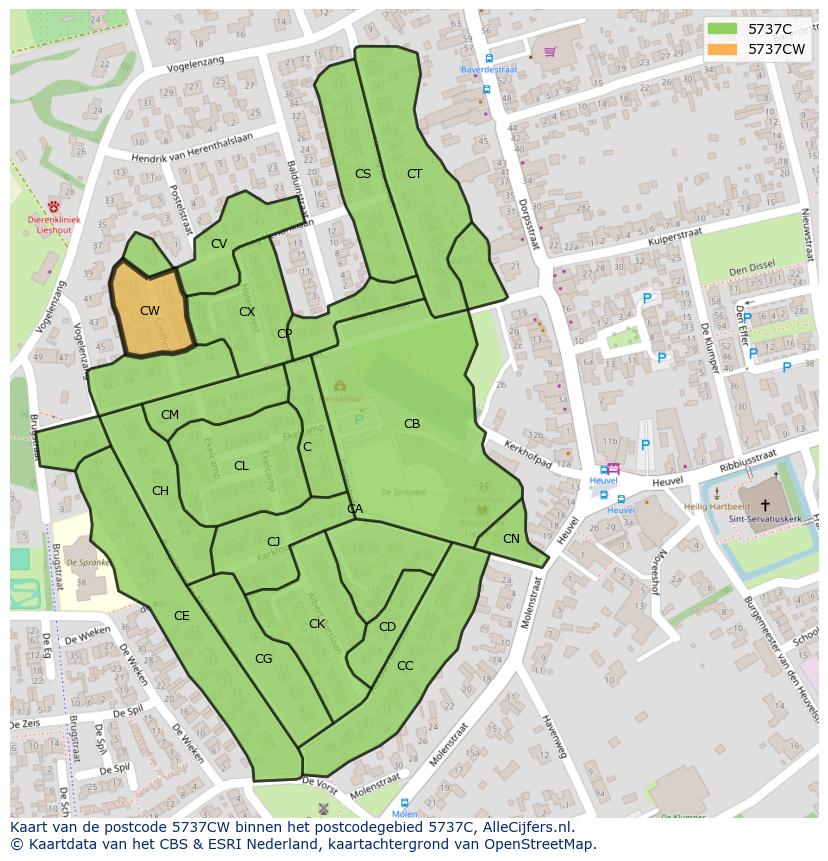 Afbeelding van het postcodegebied 5737 CW op de kaart.