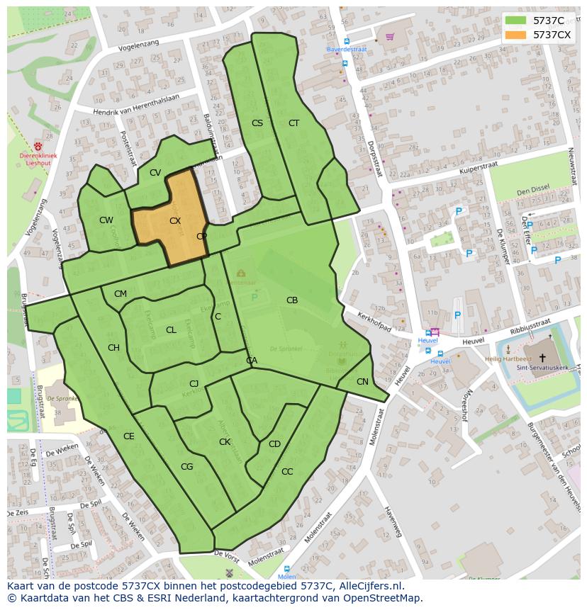 Afbeelding van het postcodegebied 5737 CX op de kaart.