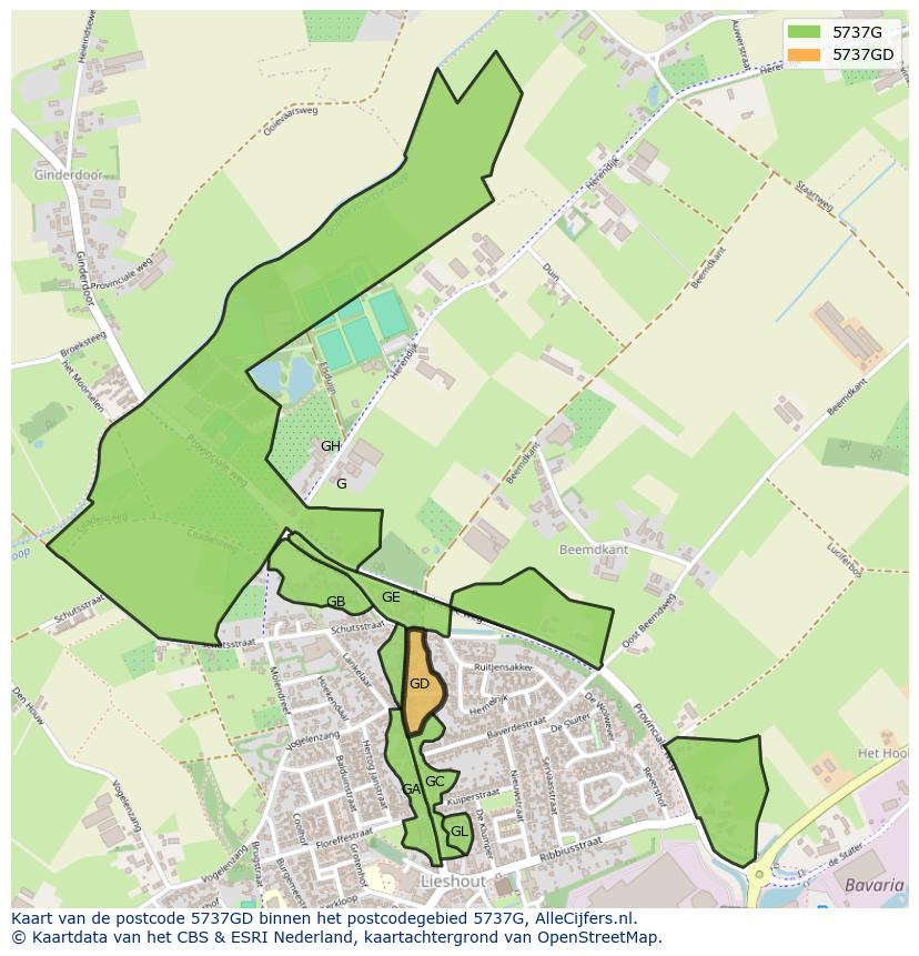 Afbeelding van het postcodegebied 5737 GD op de kaart.