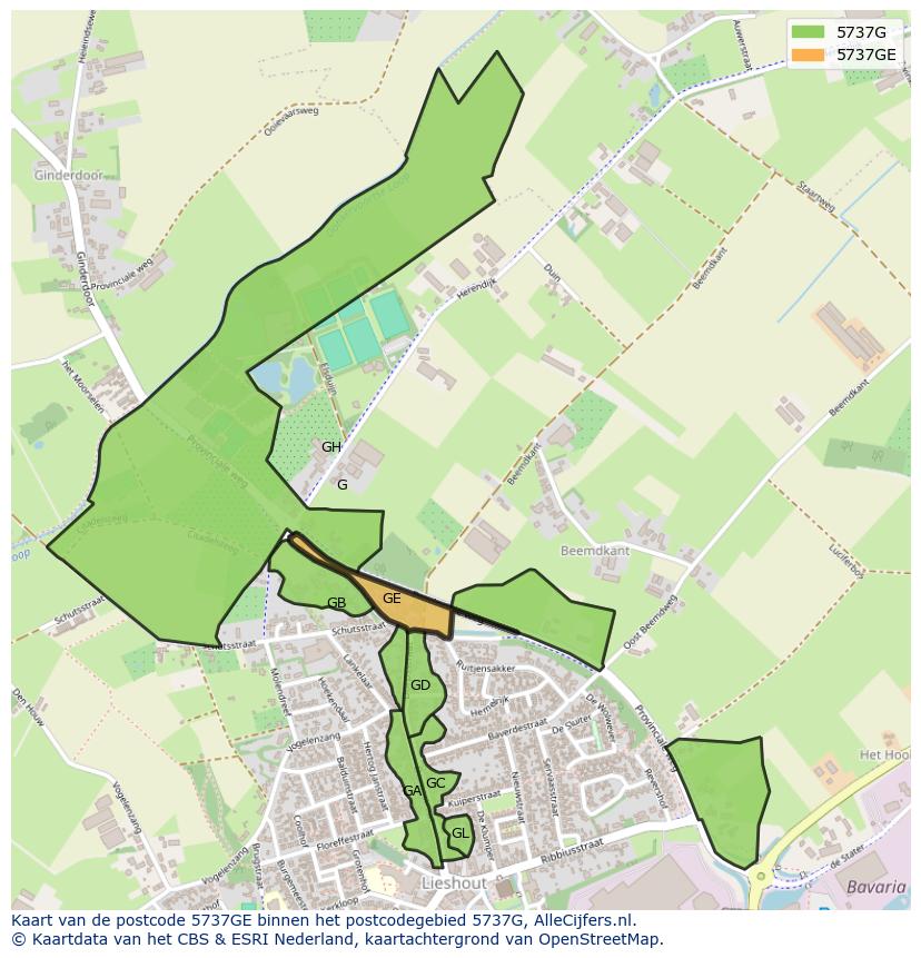 Afbeelding van het postcodegebied 5737 GE op de kaart.
