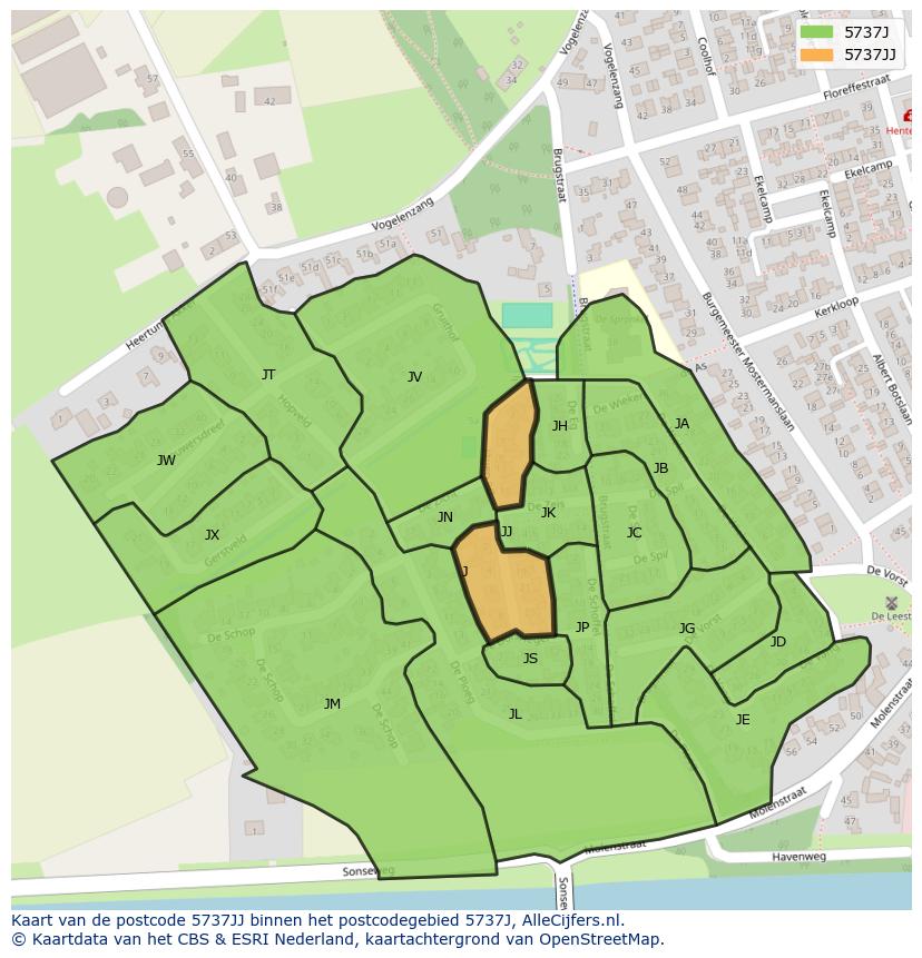 Afbeelding van het postcodegebied 5737 JJ op de kaart.