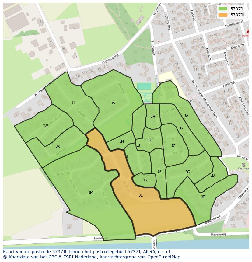 Afbeelding van het postcodegebied 5737 JL op de kaart.