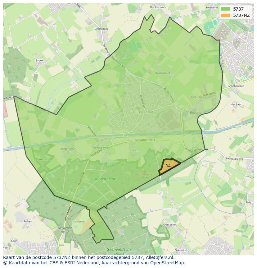 Afbeelding van het postcodegebied 5737 NZ op de kaart.