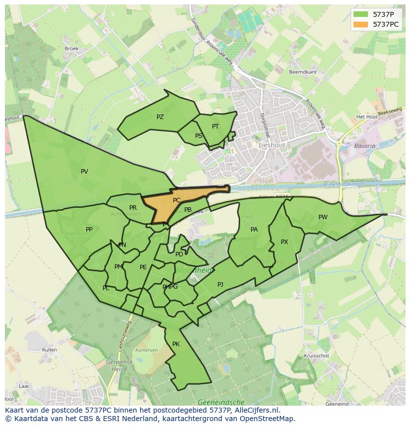 Afbeelding van het postcodegebied 5737 PC op de kaart.