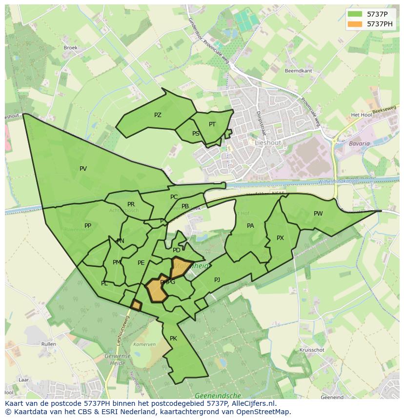 Afbeelding van het postcodegebied 5737 PH op de kaart.