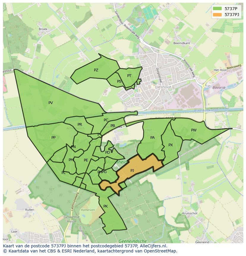 Afbeelding van het postcodegebied 5737 PJ op de kaart.