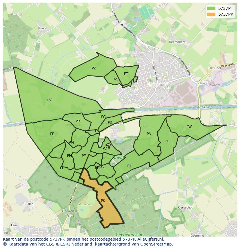 Afbeelding van het postcodegebied 5737 PK op de kaart.