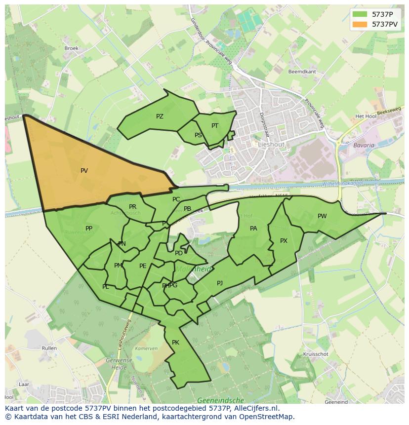 Afbeelding van het postcodegebied 5737 PV op de kaart.