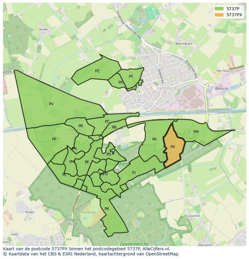 Afbeelding van het postcodegebied 5737 PX op de kaart.