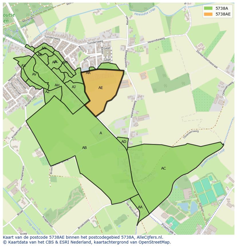 Afbeelding van het postcodegebied 5738 AE op de kaart.