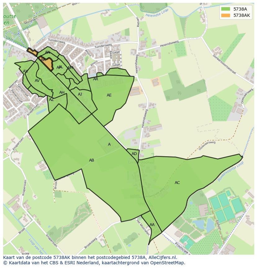 Afbeelding van het postcodegebied 5738 AK op de kaart.