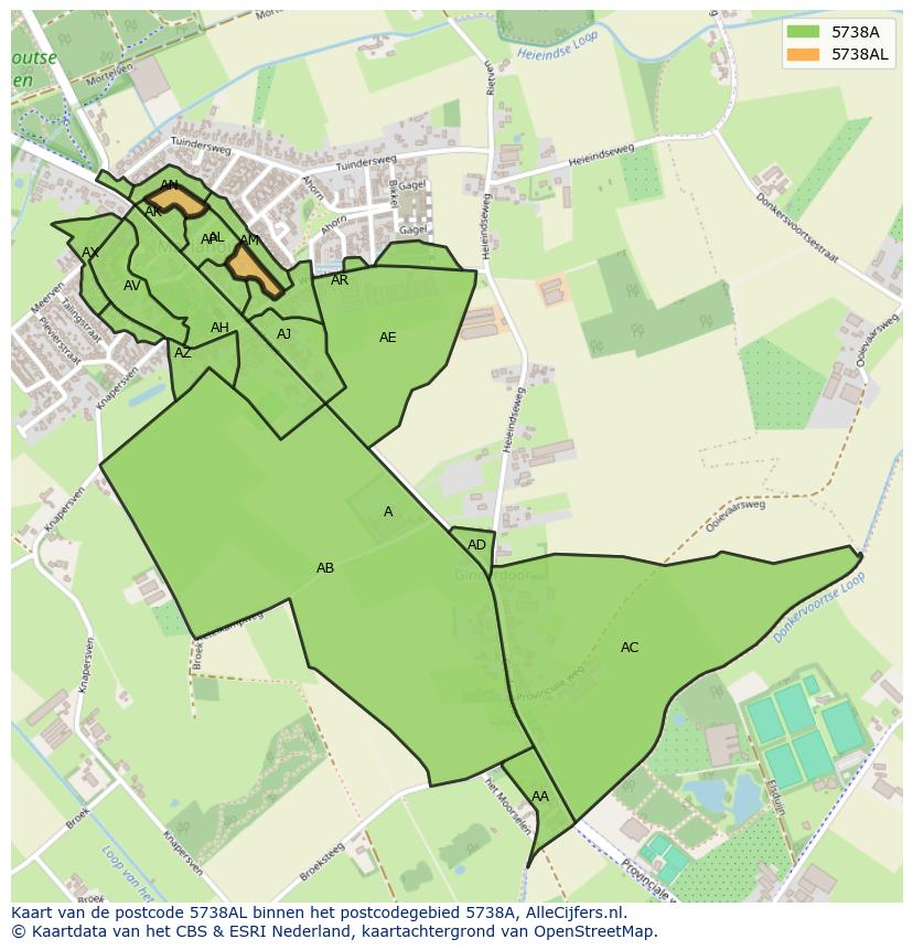 Afbeelding van het postcodegebied 5738 AL op de kaart.