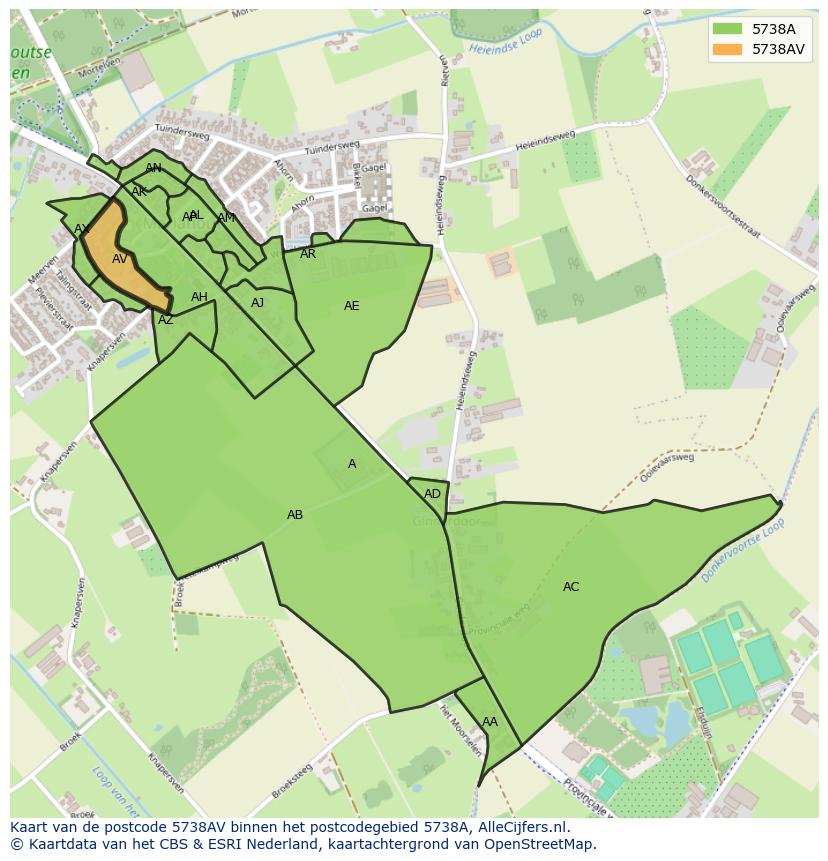 Afbeelding van het postcodegebied 5738 AV op de kaart.