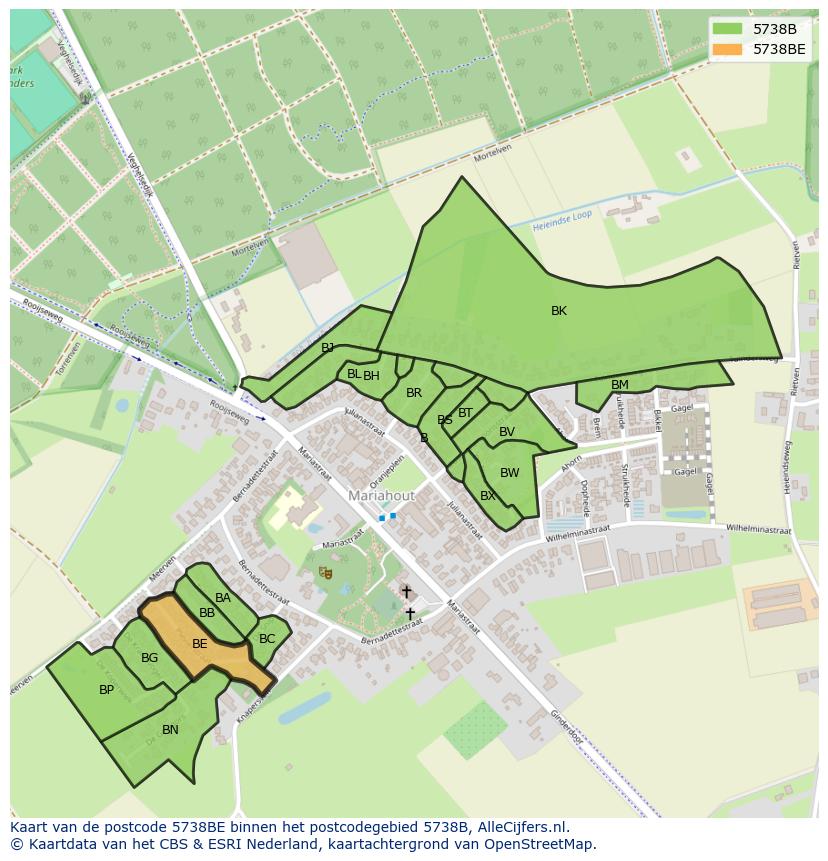 Afbeelding van het postcodegebied 5738 BE op de kaart.