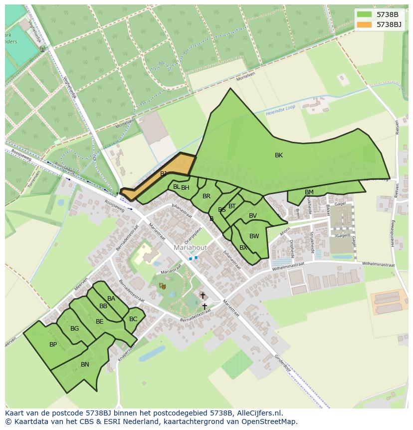 Afbeelding van het postcodegebied 5738 BJ op de kaart.
