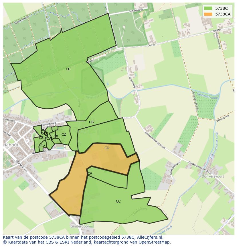 Afbeelding van het postcodegebied 5738 CA op de kaart.