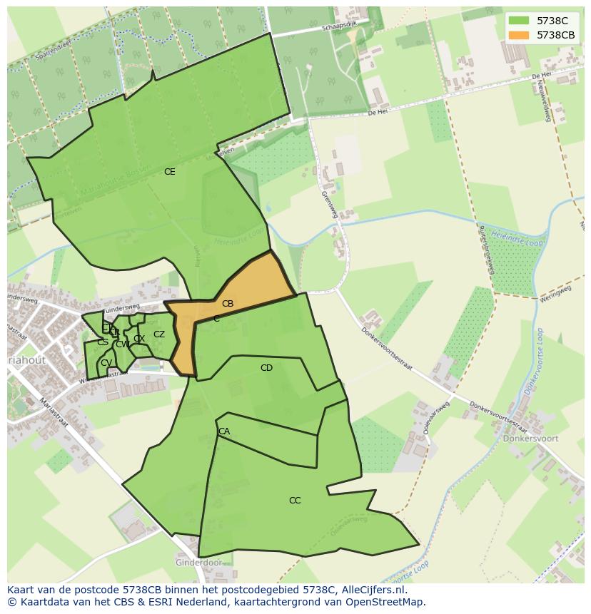 Afbeelding van het postcodegebied 5738 CB op de kaart.