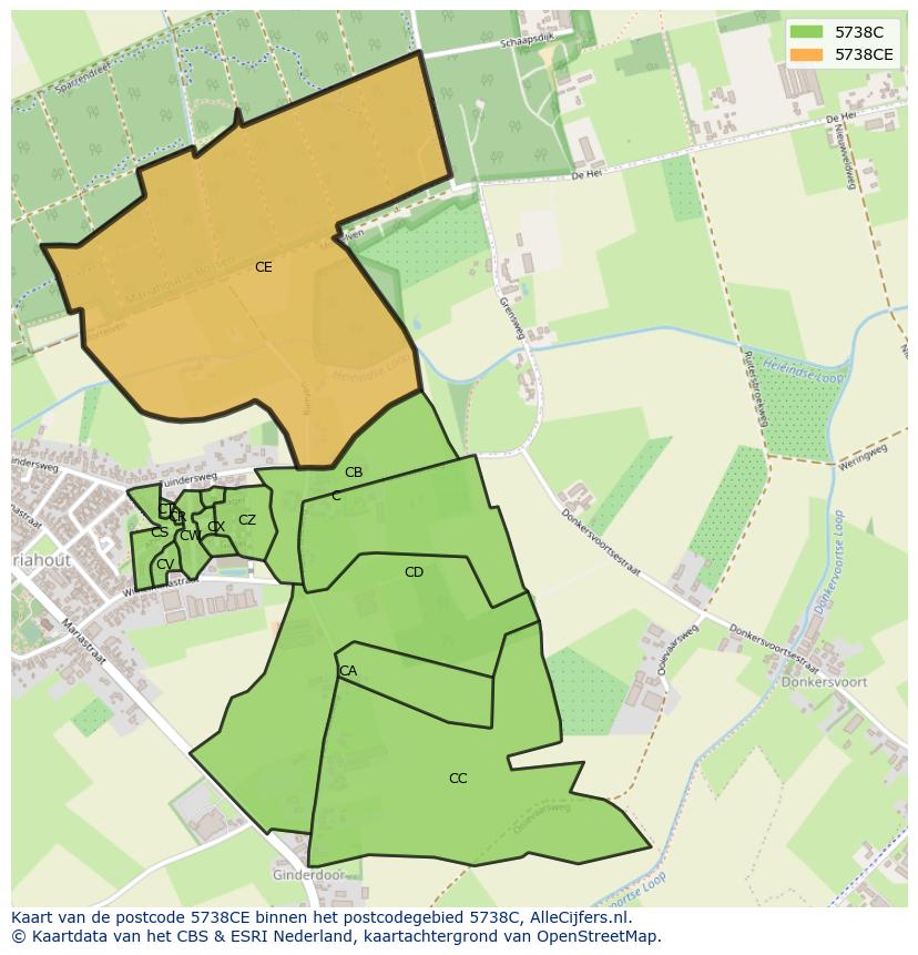 Afbeelding van het postcodegebied 5738 CE op de kaart.