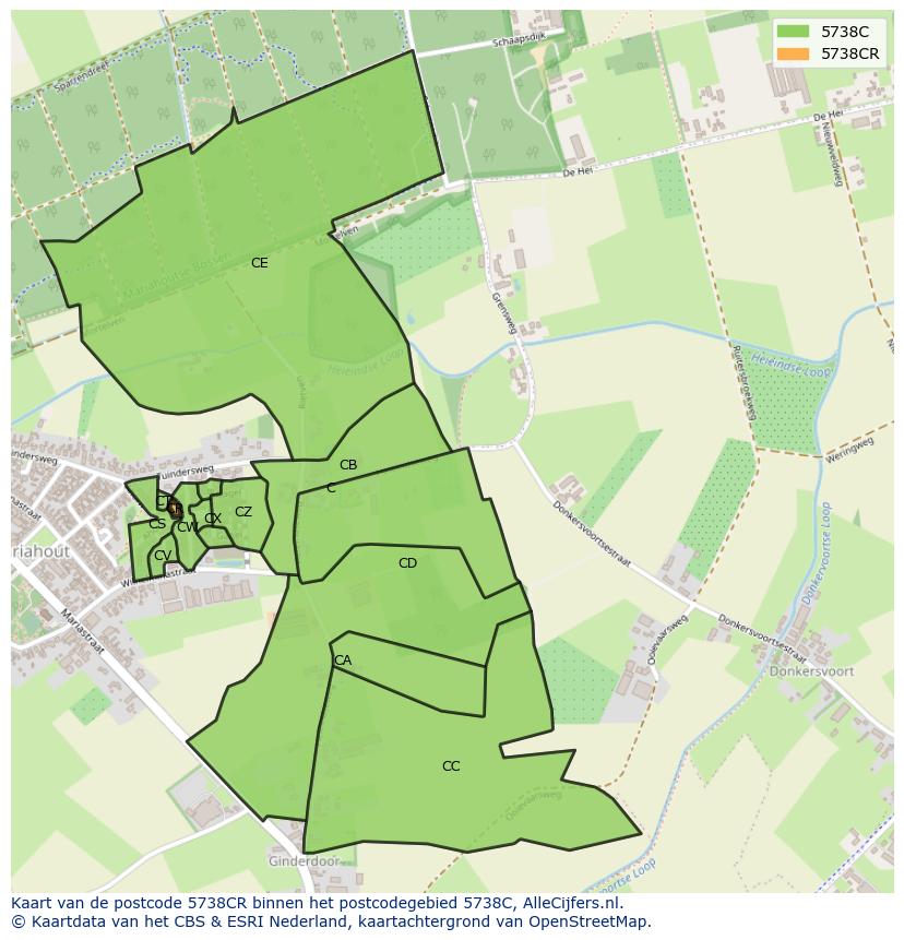 Afbeelding van het postcodegebied 5738 CR op de kaart.