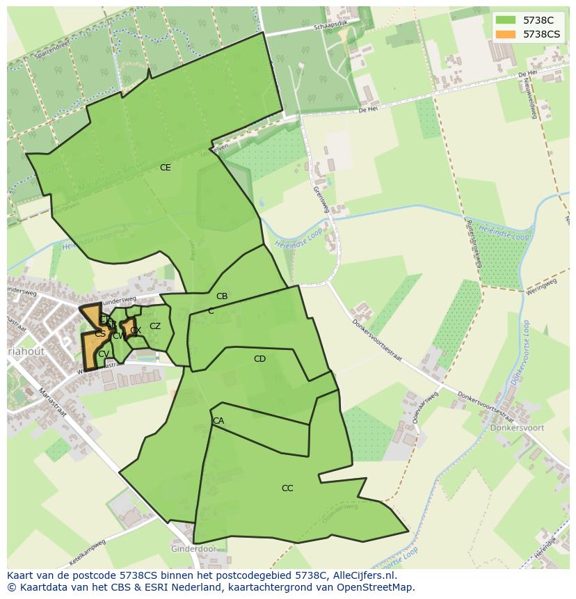 Afbeelding van het postcodegebied 5738 CS op de kaart.