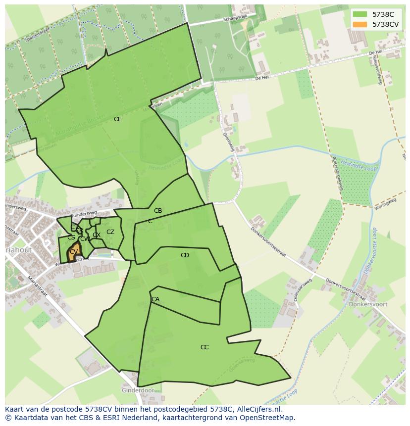 Afbeelding van het postcodegebied 5738 CV op de kaart.