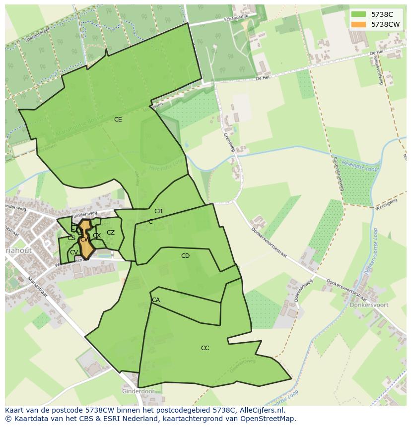 Afbeelding van het postcodegebied 5738 CW op de kaart.