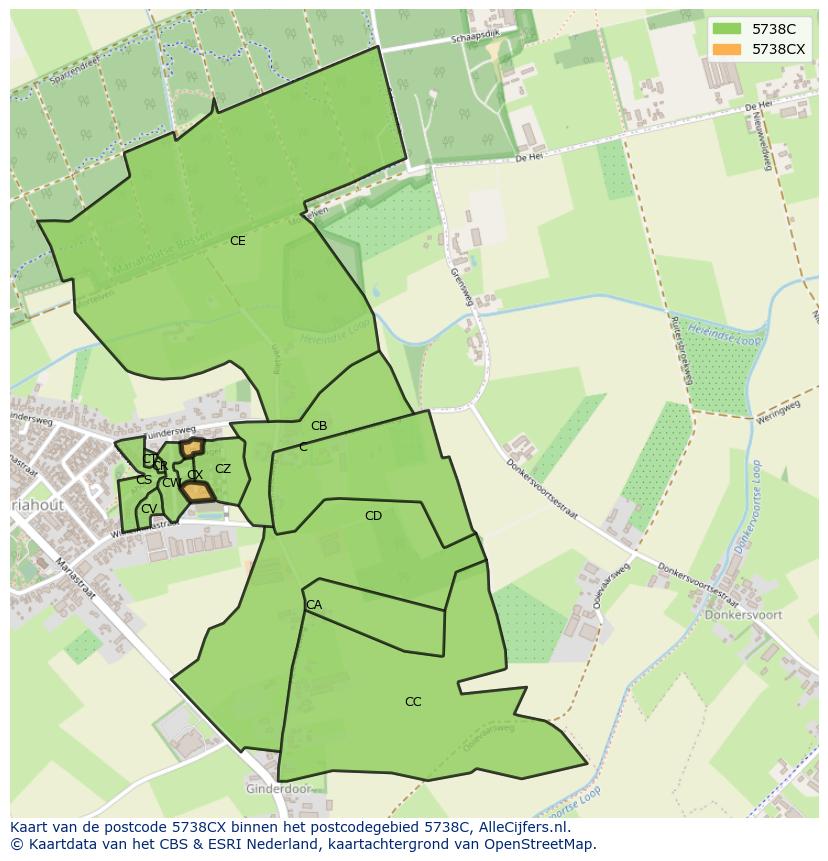 Afbeelding van het postcodegebied 5738 CX op de kaart.
