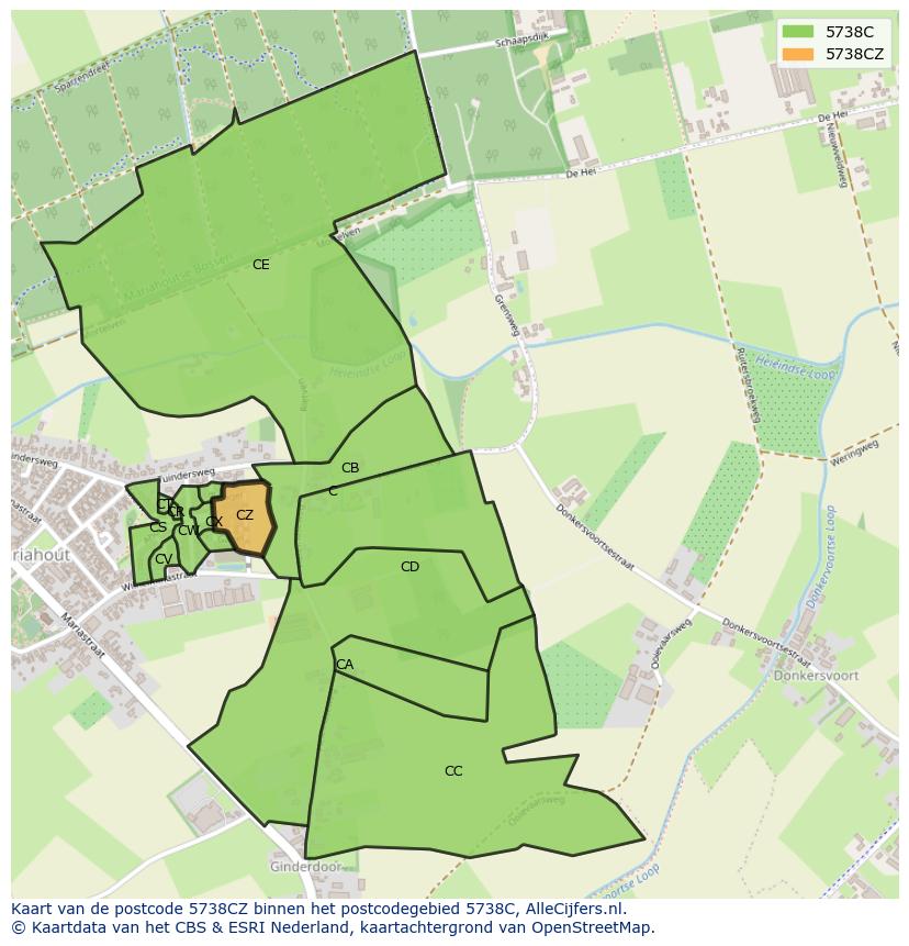 Afbeelding van het postcodegebied 5738 CZ op de kaart.