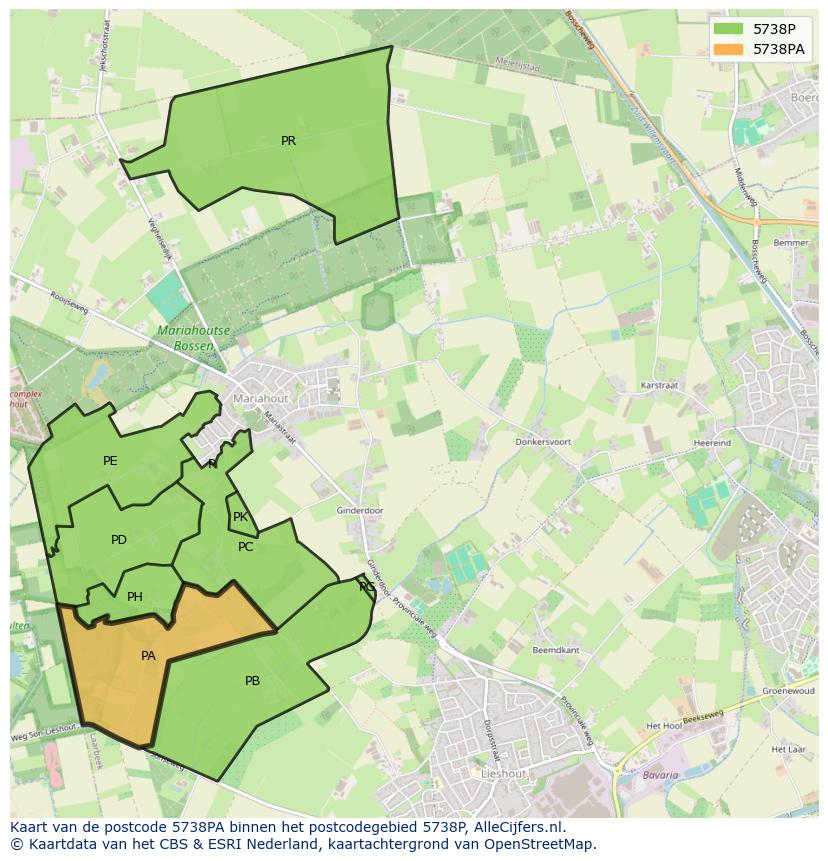 Afbeelding van het postcodegebied 5738 PA op de kaart.