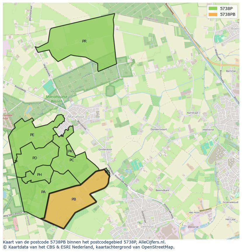 Afbeelding van het postcodegebied 5738 PB op de kaart.
