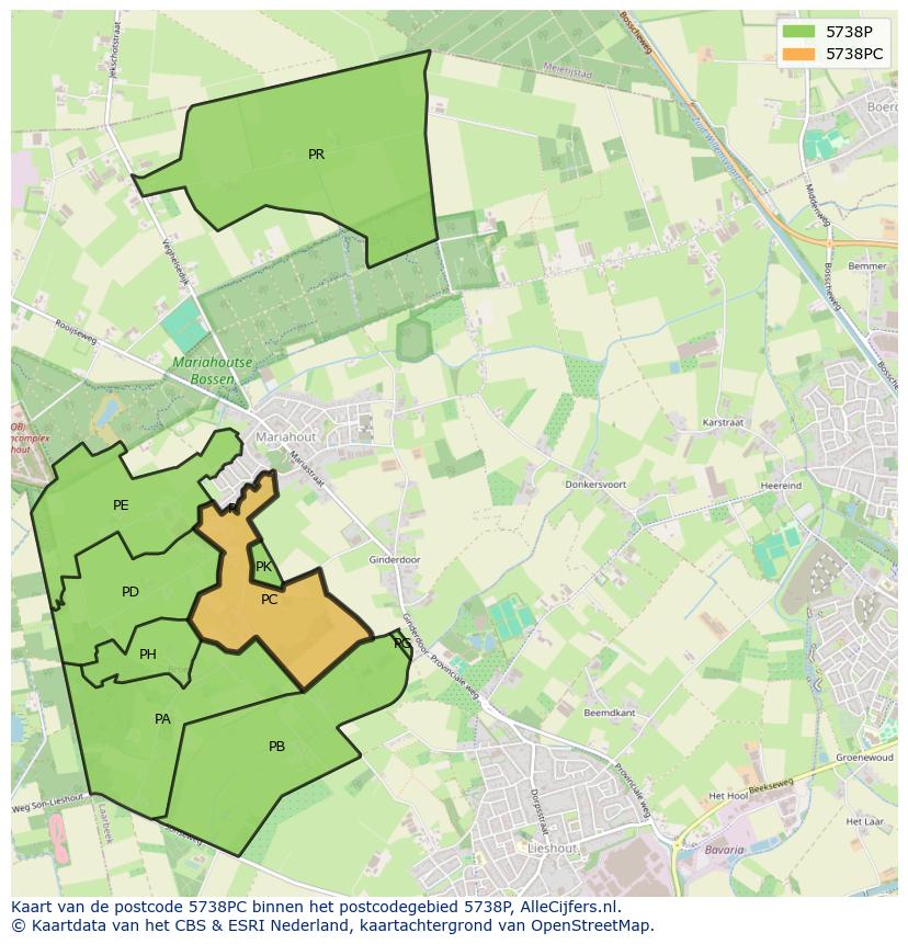 Afbeelding van het postcodegebied 5738 PC op de kaart.