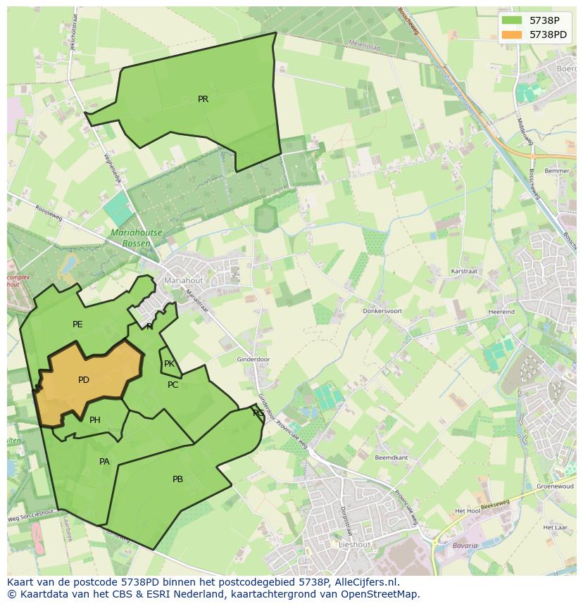 Afbeelding van het postcodegebied 5738 PD op de kaart.