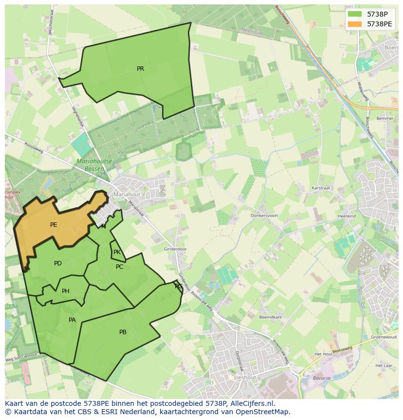 Afbeelding van het postcodegebied 5738 PE op de kaart.