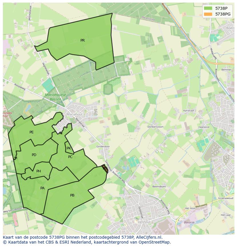 Afbeelding van het postcodegebied 5738 PG op de kaart.