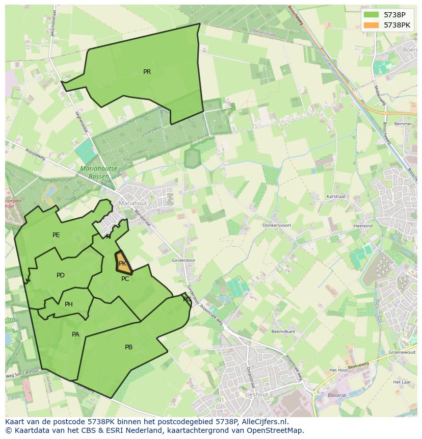 Afbeelding van het postcodegebied 5738 PK op de kaart.