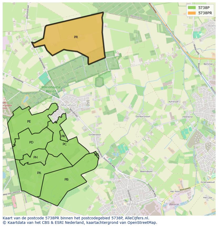 Afbeelding van het postcodegebied 5738 PR op de kaart.