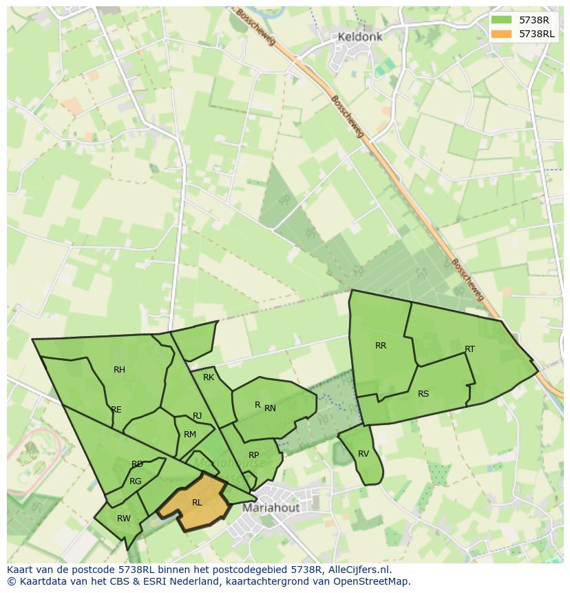 Afbeelding van het postcodegebied 5738 RL op de kaart.