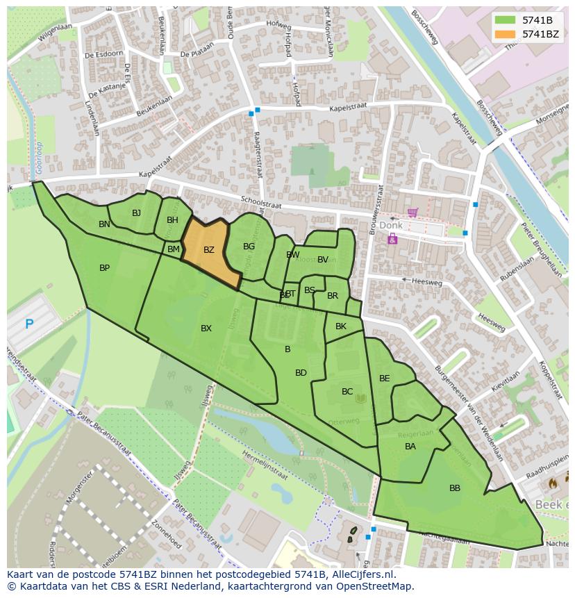 Afbeelding van het postcodegebied 5741 BZ op de kaart.
