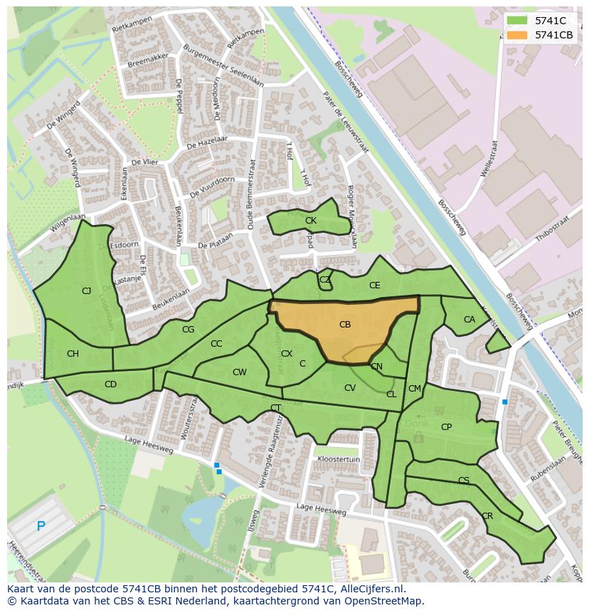 Afbeelding van het postcodegebied 5741 CB op de kaart.